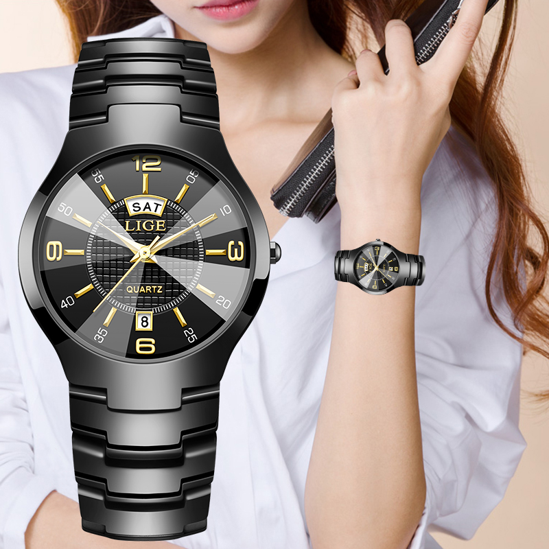 Luxury Watch Strap - นาฬิกาข้อมือผู้หญิง LIGE แฟชั่นหรูหรา สายเซรามิก แสดงวันที่และวันในสัปดาห์ กันน้ำ