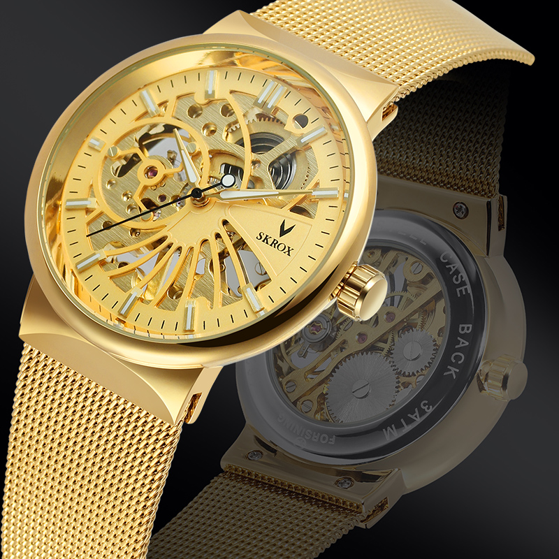 Luxury Watch Repair - SKROX แบรนด์หรูแฟชั่นนาฬิกาข้อมือผู้ชายโครงเหล็กนาฬิกากลไกบางเฉียบสายตาข่ายกันน้ำการเคลื่อนไหวแบบแมนนวล