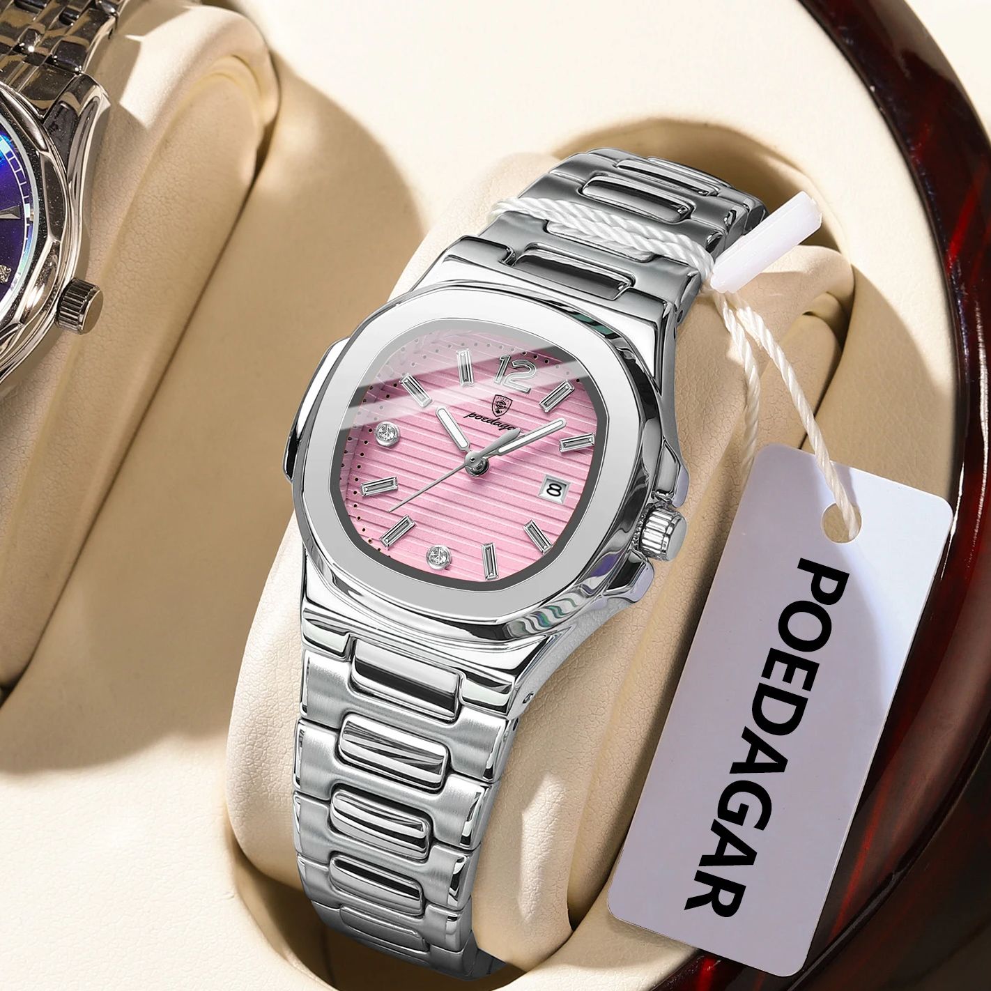 Luxury Watch Lady - นาฬิกาข้อมือผู้หญิง POEDAGAR สี่เหลี่ยมแฟชั่น เรืองแสง กันน้ำ แสดงวันที่