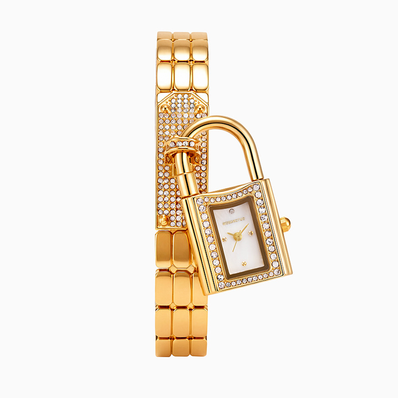 Luxury Watch Diamond - สายรัดข้อมือรูปทรงเว้าพร้อมจี้เพชรรูปทรงล็อค นาฬิกาข้อมือควอตซ์สำหรับผู้หญิง