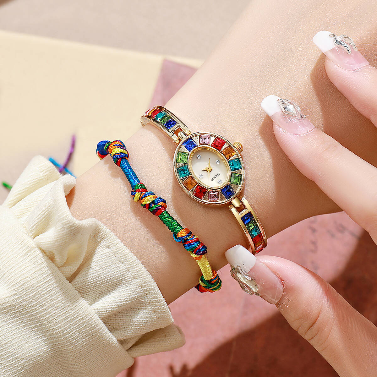 Luxury Watch Case - 2 ชิ้น/เซ็ตหรูหราไรน์สโตนนาฬิกาผู้หญิงแฟชั่นสร้อยข้อมือควอตซ์นาฬิกาสร้อยข้อมือชุดเรโลจ มูเยร์(ไม่มีกล่อง)