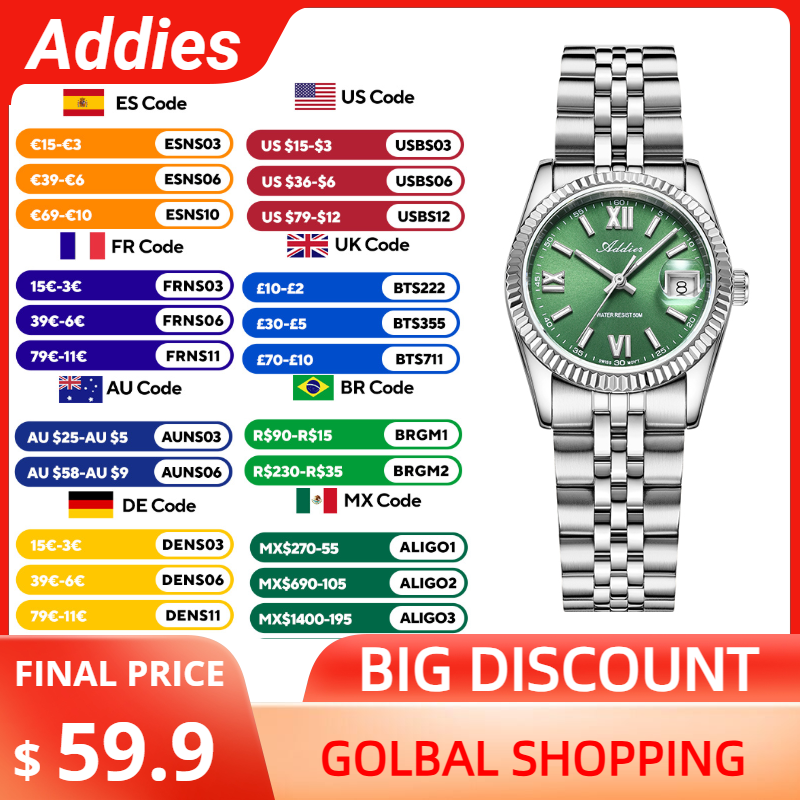 Luxury Watch Lady - แอดดี้ส์นาฬิกาหรูคุณภาพสูงสำหรับผู้หญิงกระจกแซฟไฟร์ 316L สแตนเลส BGW9 ลูมินัส 50