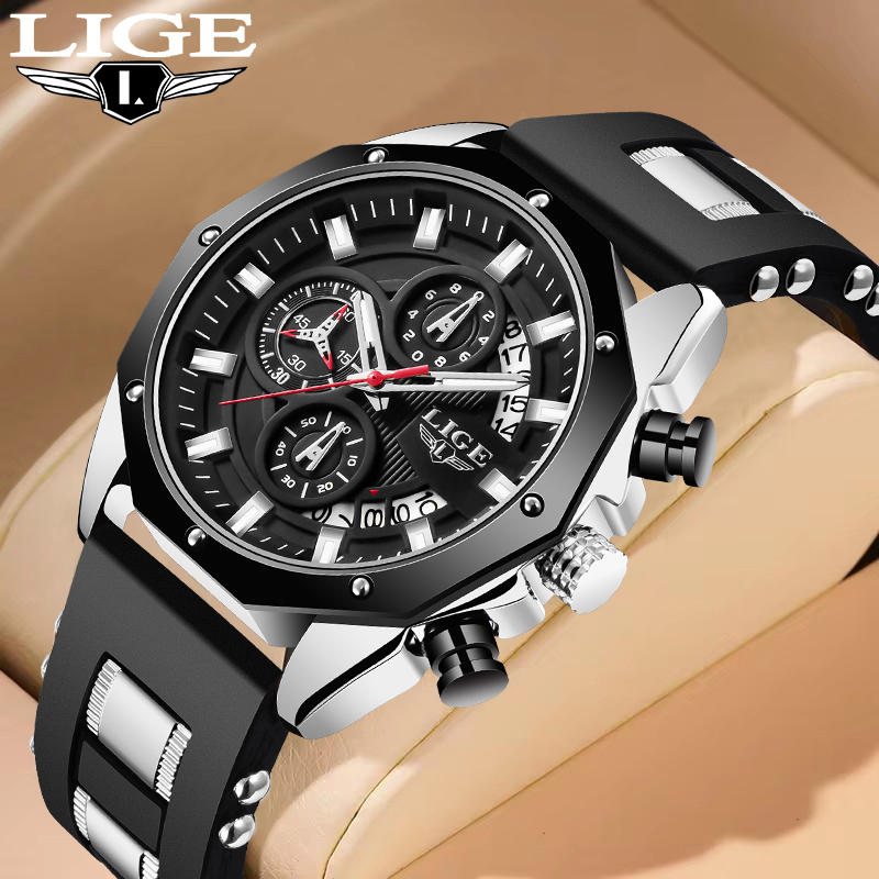 Luxury Watch Strap - LIGE แฟชั่นนาฬิกาควอตซ์กลางแจ้งสำหรับผู้ชายย้อนยุคหรูหราสายซิลิโคนกันน้ำลำลองกีฬานาฬิกาทหารชายนาฬิกากล่องของขวัญ