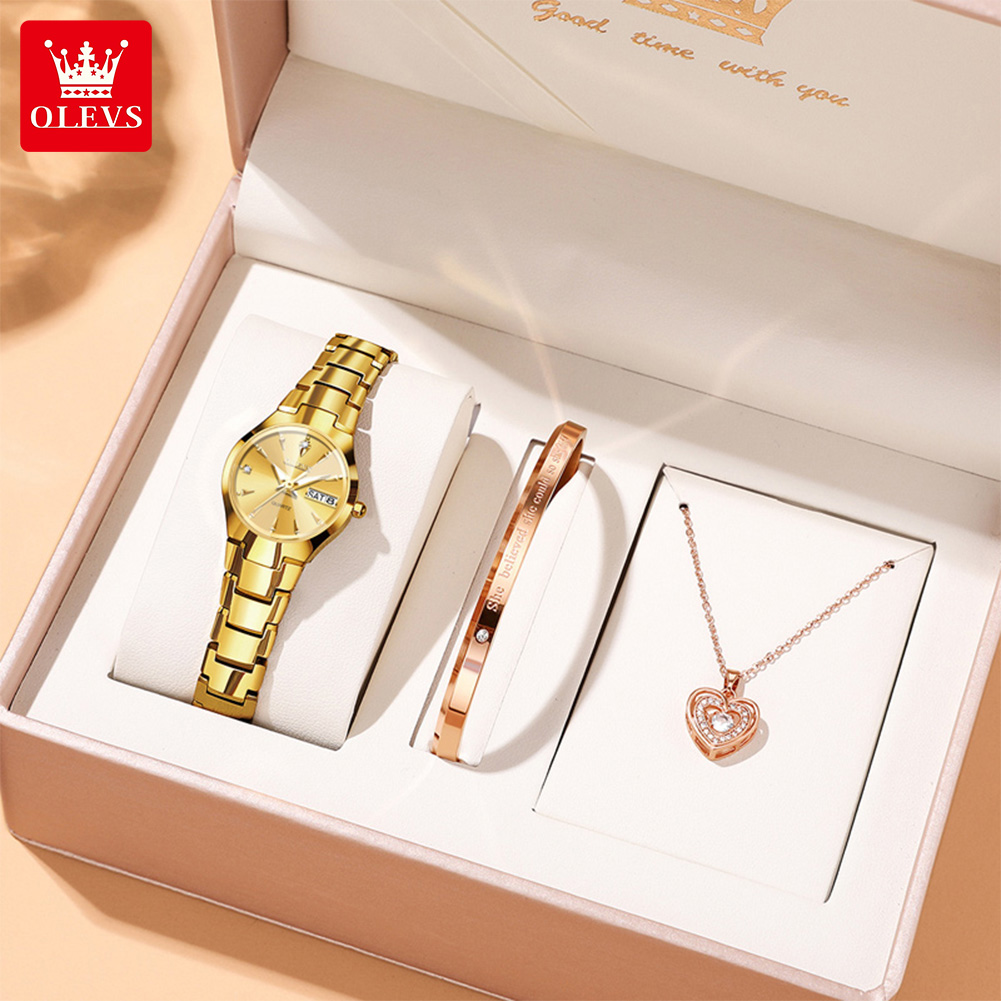 Luxury Watch Lady - OLEVS สุภาพสตรีนาฬิกา 8697 หรูหราควอตซ์นาฬิกากันน้ําทังสเตนเหล็กวันที่นาฬิกาสําหรับนาฬิกาผู้หญิงชุดสร้อยข้อมือ