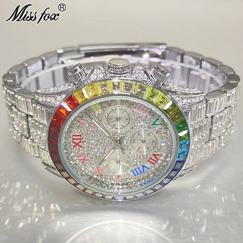 Luxury Watch Maker - MISSFOX Luxury Iced นาฬิกาผู้ชายแฟชั่นแบรนด์กันน้ำนาฬิกาควอตซ์ Rainbow สี่เหลี่ยมผืนผ้าเพชรนาฬิกาข้อมือของขวัญ