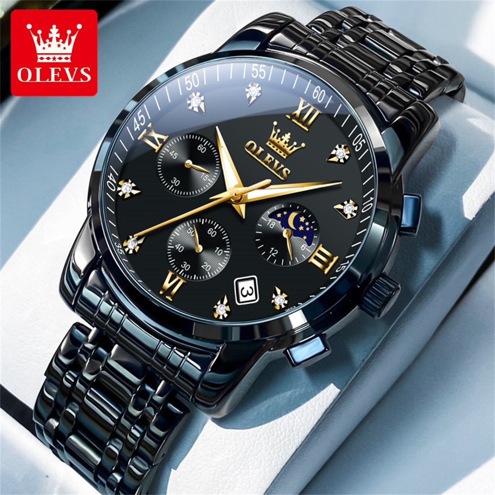 Luxury Watch Maker - OLEVS นาฬิกาผู้ชายยอดนิยมสแตนเลสสีดำมูนเฟสโครโนกราฟนาฬิกาควอทซ์สำหรับผู้ชายวันที่นาฬิกาข้อมือแบรนด์เดิม