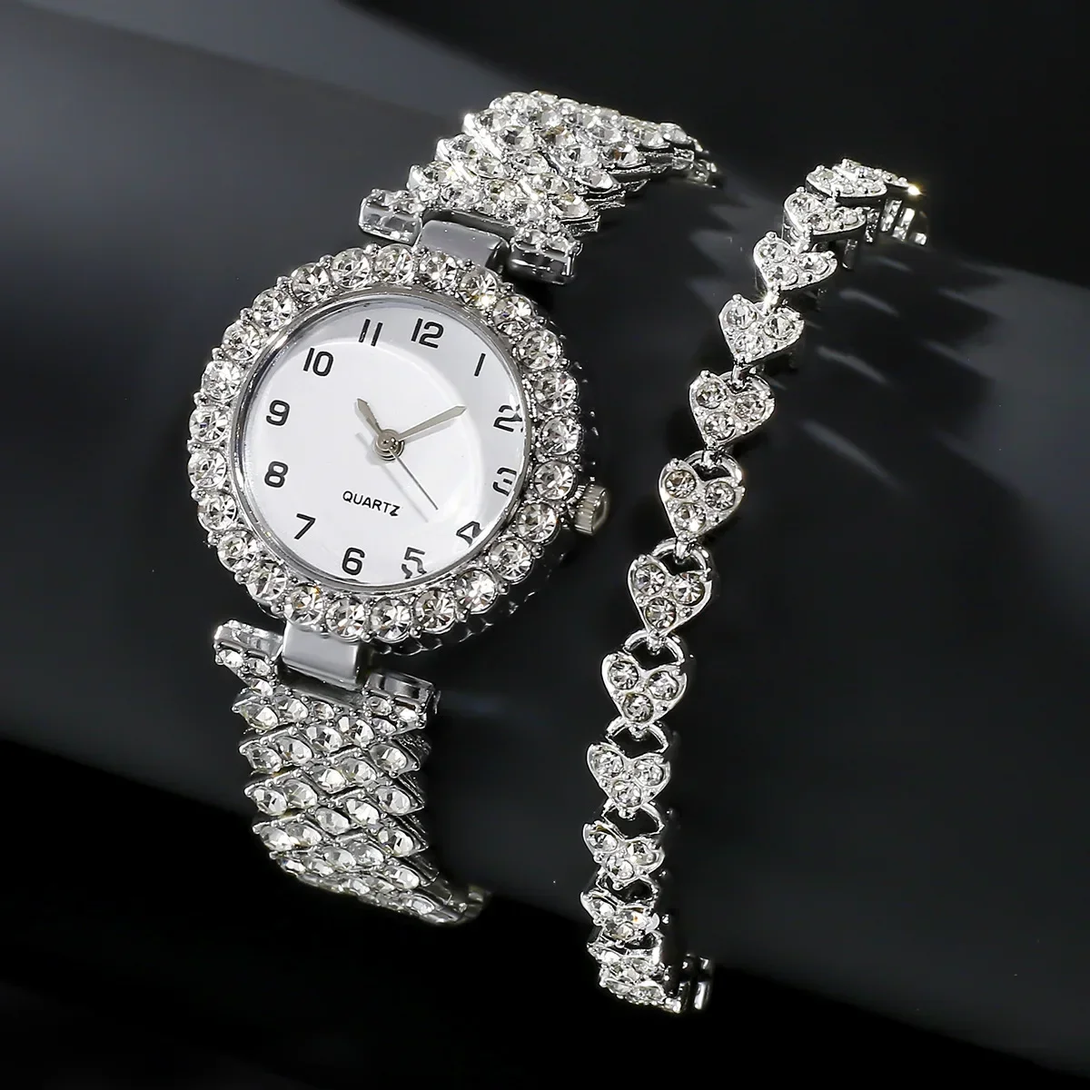 Luxury Watch Lady - ชุดนาฬิกาข้อมือแฟชั่นหรูหราสำหรับผู้หญิง 1 ชิ้น/2 ชิ้น สายสีเงิน นาฬิกาควอตซ์